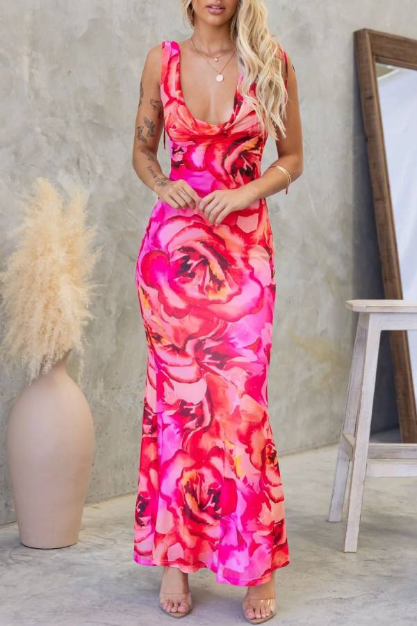 Cowl Neck Tie-Back Waist-Cinched Bodycon Maxi Dress