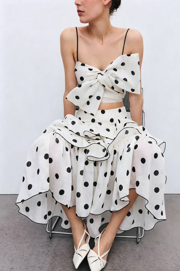 Gerrie Linen Blend Polka Dot Bow Smocked Top and High Rise Tiered Hem Maxi Skirt Set