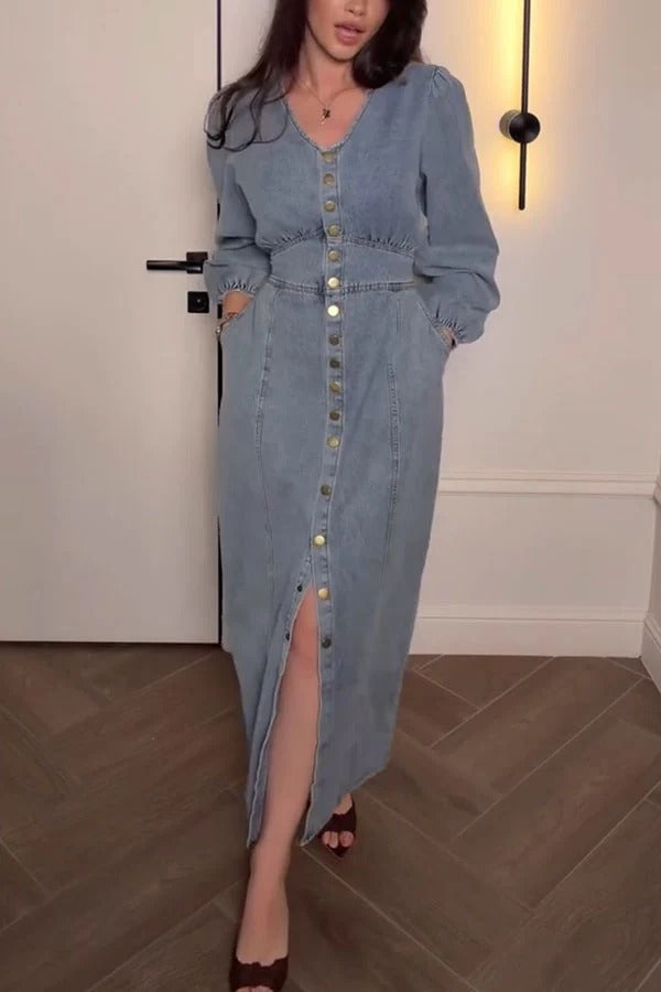 Josephina Denim Button Up Balloon Sleeve Elastic Waist Tie-up Pocket Midi Dress