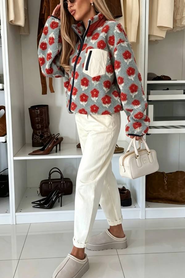 Escape From Winter Printed Teddy Bear Fleece Material Contrast Color Long Sleeve Pocket Zipper Coat
