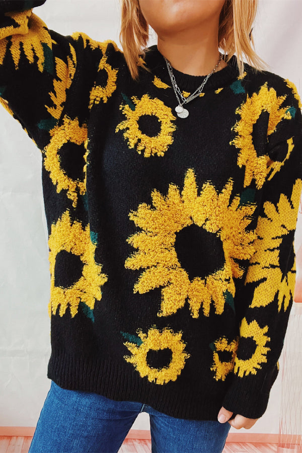 Sunflower Jacquard Crewneck Long Sleeve Knit Pullover Sweater