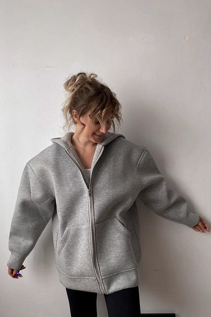 Grey Loose Fit Casual Zip Up Basic Jacket Hoodie