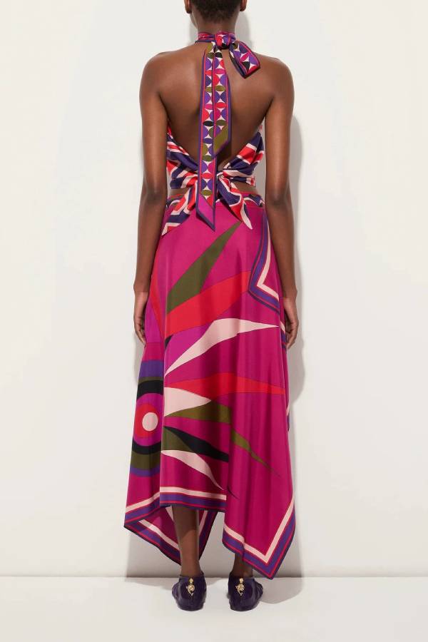 Retro Geometric Print Halter Open-Back Asymmetrical Two-piece Skirt Set