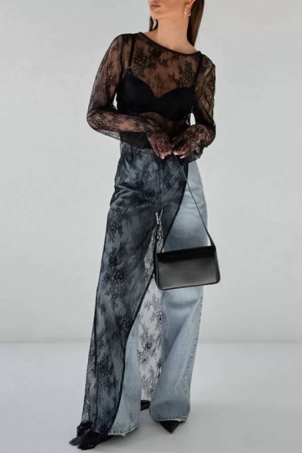 Sheer Lace Round Neck Slit Maxi Dress
