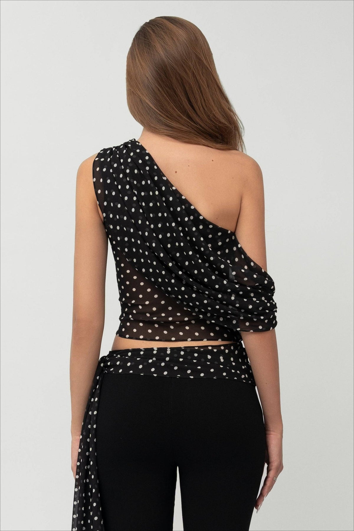 Polka Dot One Shoulder Sheer Chiffon Crop Top