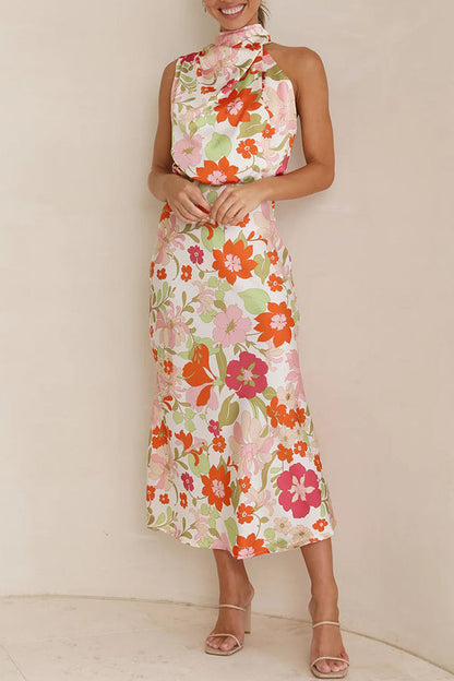 Cowl Neck Sleeveless Floral Print Satin Bias Cut Midi Dress