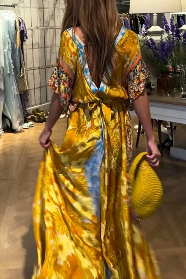 Boho Color-blocked Floral Print Wide Sleeve Tie-up Waist Pocket Maxi Dress