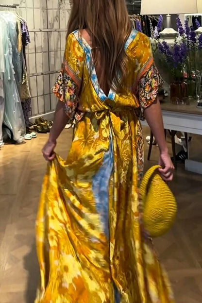 Boho Color-blocked Floral Print Wide Sleeve Tie-up Waist Pocket Maxi Dress
