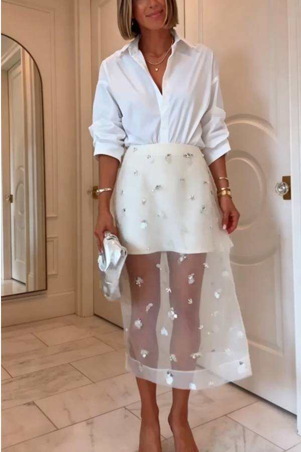 Chic Moment Sequined Organza Fabric Mid Rise Zipper Slit Midi Skirt