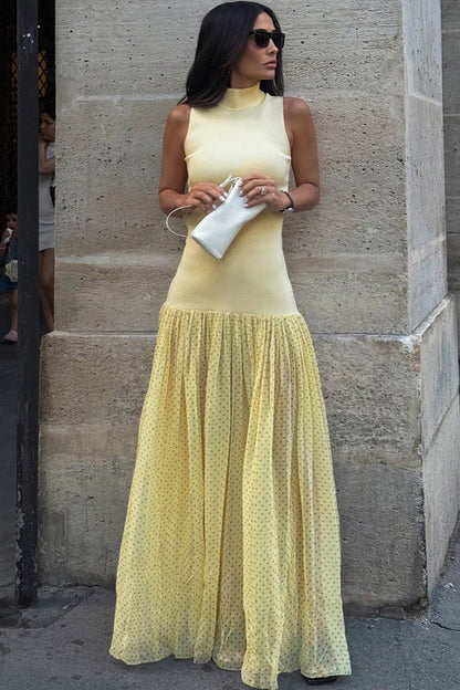 Mock Neck Ribbed Knit Drop Waist Polka Dot Tier Maxi Dress