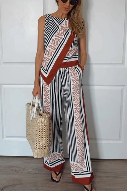 Gracie Unique Print Knotted Scarf Top and Elastic Waist Pocketed Loose Pants Set