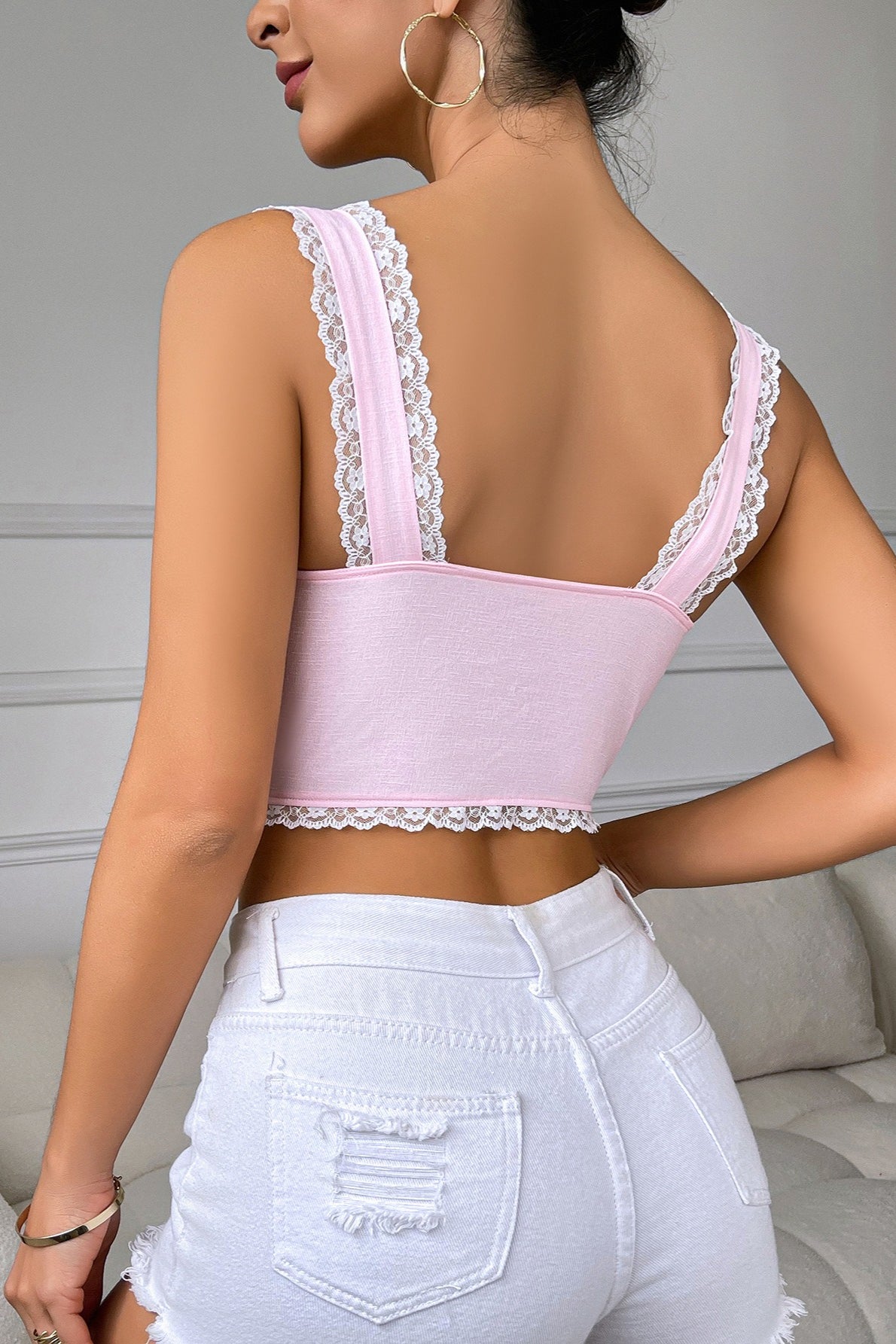 Lace Trim Patchwork Sexy Slinky Backless Crop Top