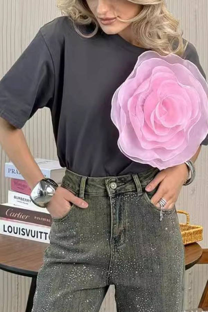 Loose T-shirt Three-dimensional Mesh Camellia Cotton Short-sleeved Top