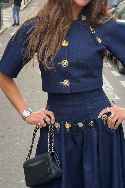Custom Look Denim Unique Metal Pattern Buttons Slit Half Sleeve Crop Jacket