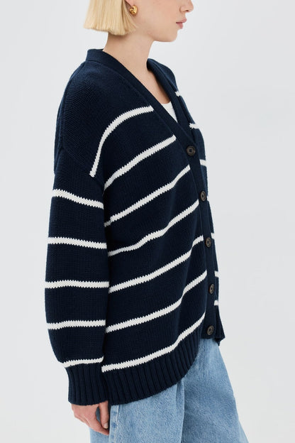 Cotton Stripe V Neck Cardigan