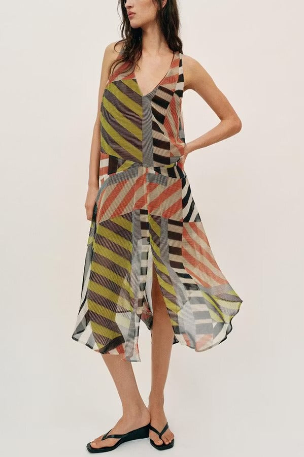 Khloe Patchwork Striped Color Block Print Wide Straps Asymmetric Hem Drape Midi Dress