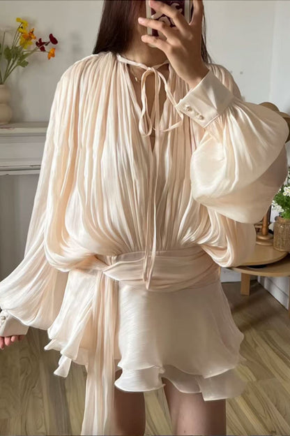 Ruched Puff Sleeve Two Piece Mini Skirt Set