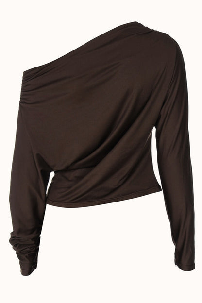 Ruched Asymmetric Shoulder Long Sleeve Tee