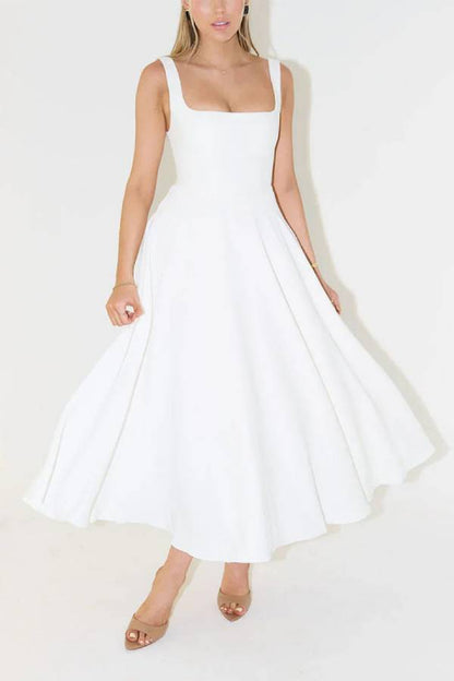 Multi-Color Square-Neck Fit-and-Flare Midi Dress