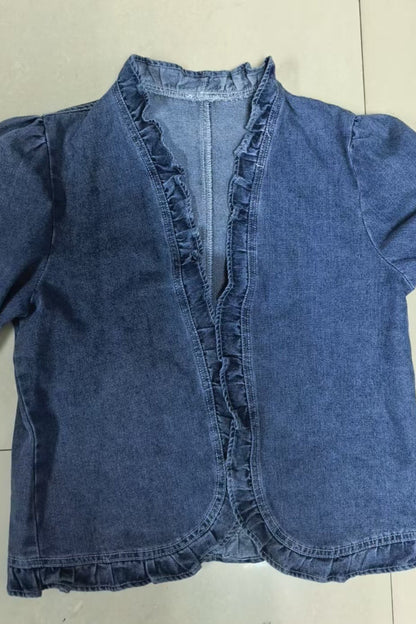Ruffle Trim Fitted Denim Jacket