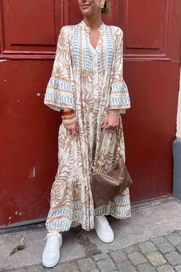 Casual Ethnic Print Trumpet Sleeve Maxi Dress