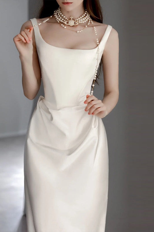 Satin Slip Sweep Train Prom Dress