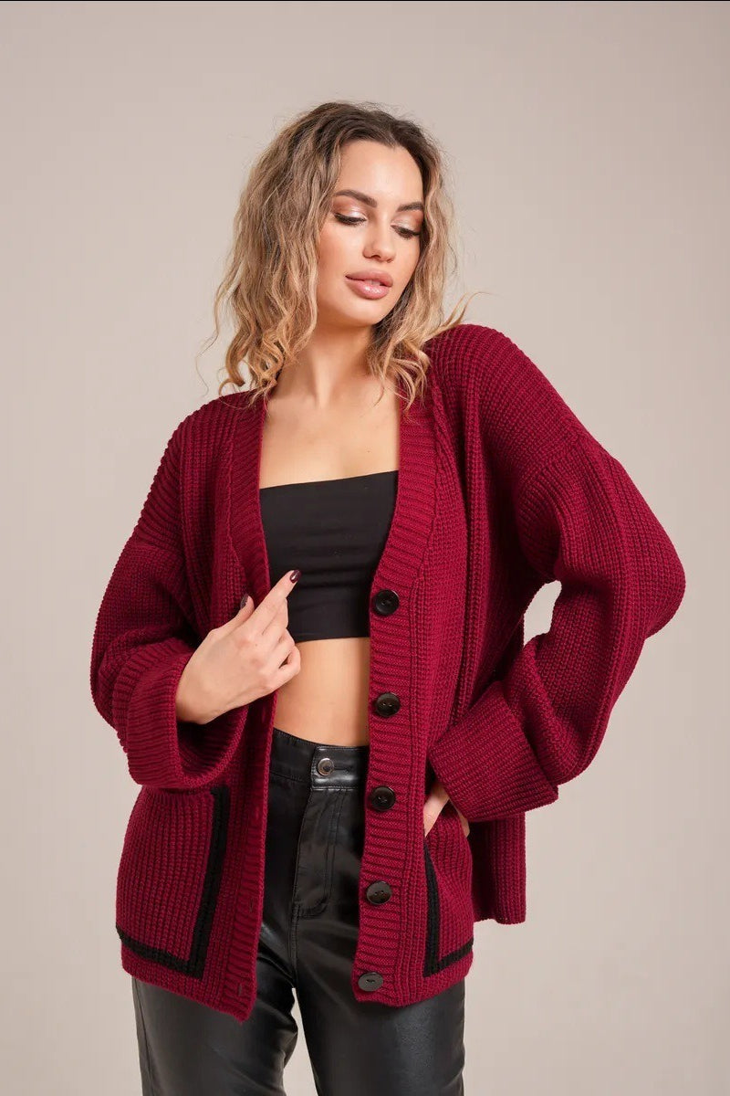 Pocket Color Block V Neck Cardigan