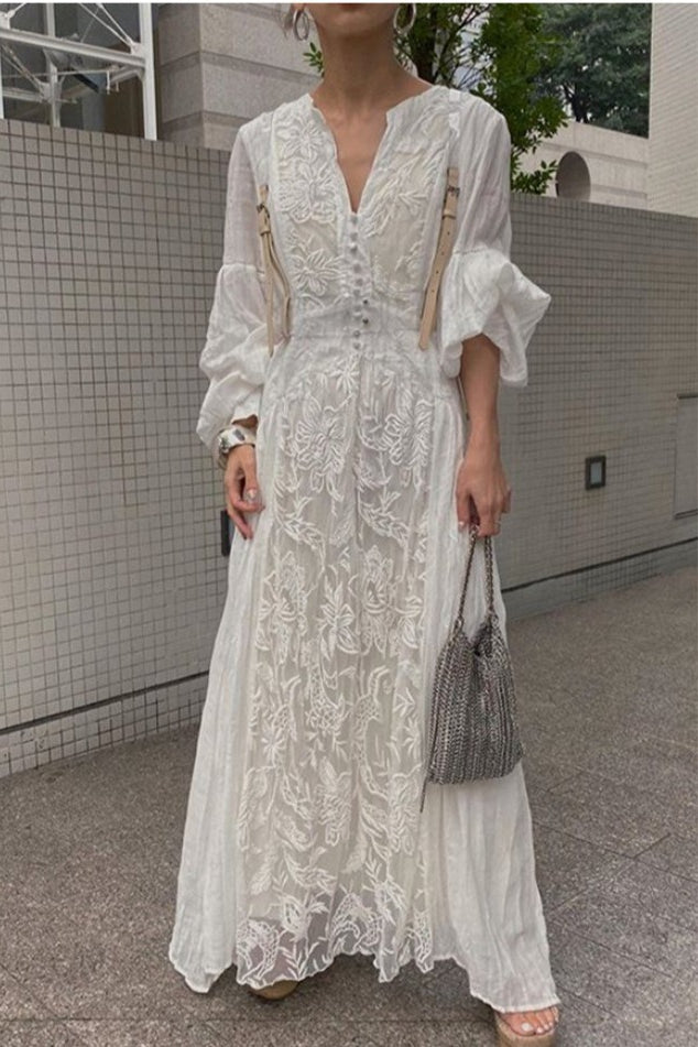 Vintage Lace Panel V-Neck Embroidered Boho Dress