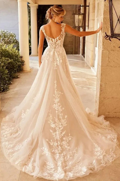 Sheer Mesh Lace Fit Flare Wedding Dress