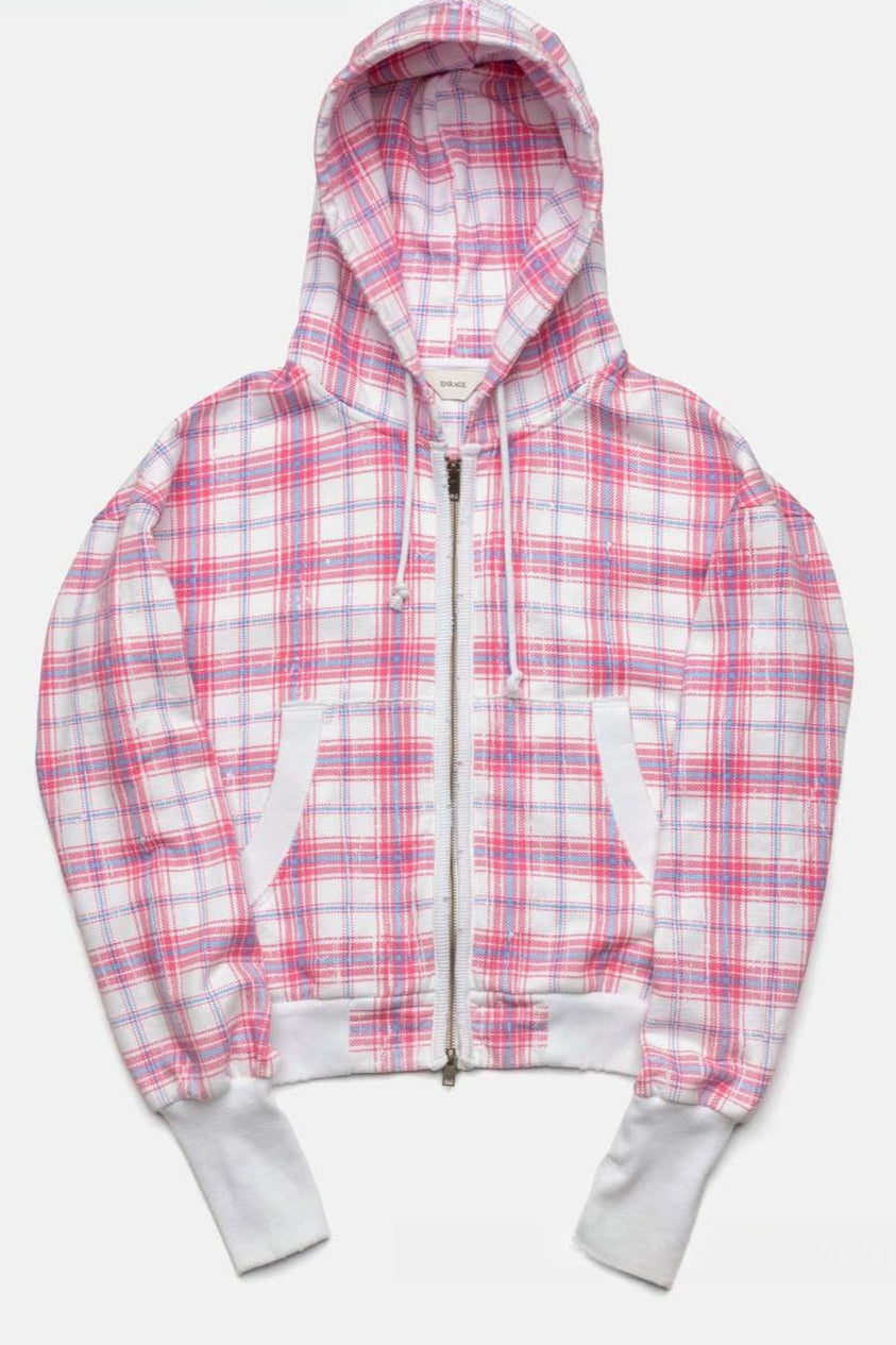 Pink Plaid Oversized Zip Up Street Hoodie