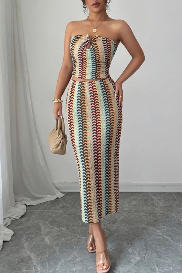 Playful Colorful Knitted Sexy Tube Top and Elegant Back Slit Midi Skirt Set