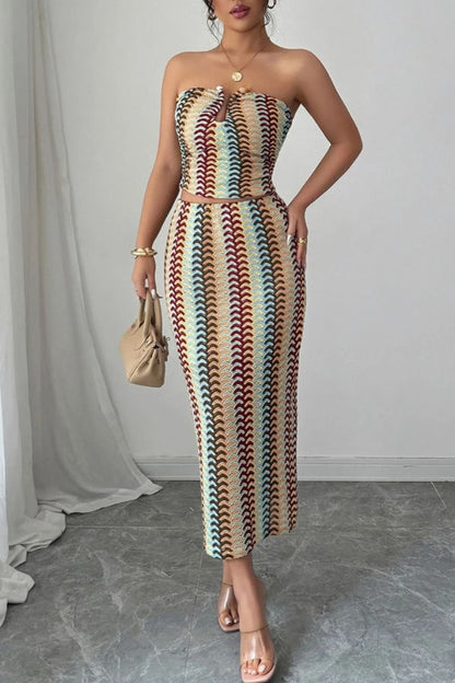 Playful Colorful Knitted Sexy Tube Top and Elegant Back Slit Midi Skirt Set