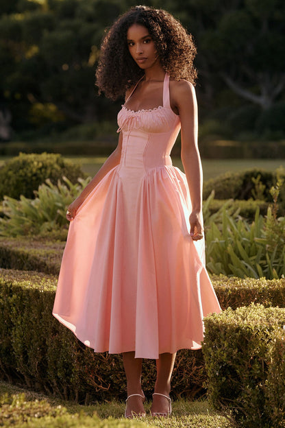 Floral Halter Lace Trim Long Sleeveless Prom Dress