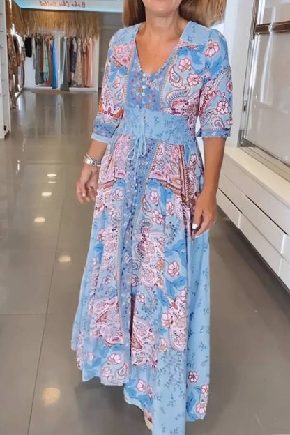 Smocked Printed Half Sleeve Dress