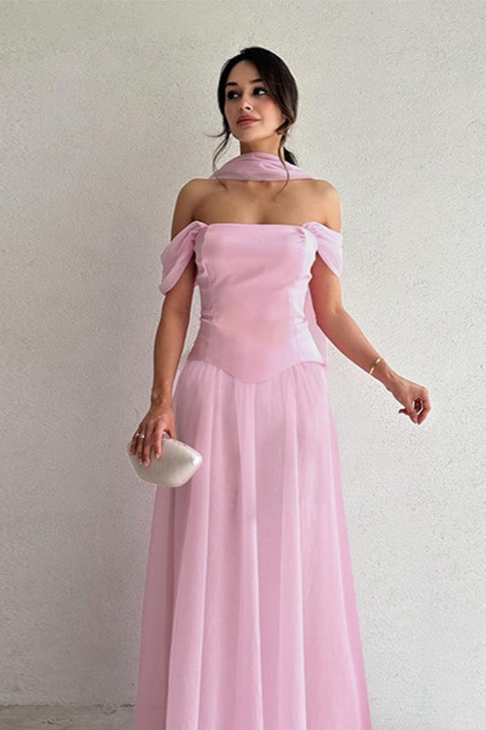 Satin Mesh Off Shoulder Prom Dress