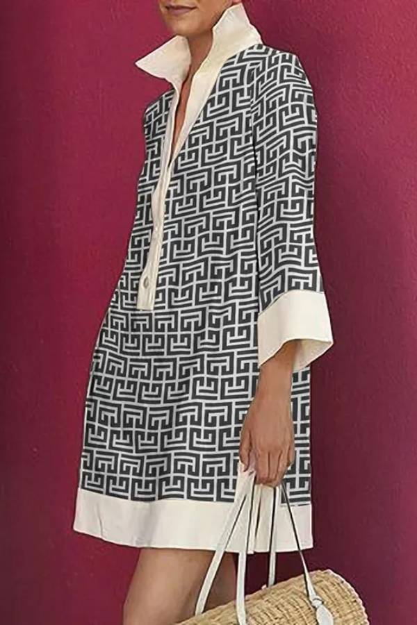 Women's Three-Quarter Sleeves Printed Lapel Shirt Dress