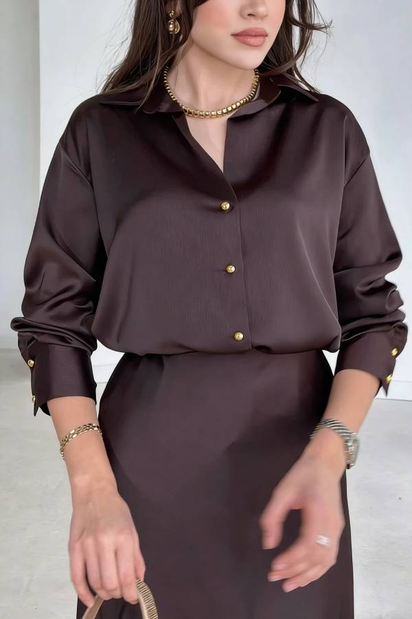 Solid Color Silk Satin Texture Single-breasted Long-sleeved Loose Shirt