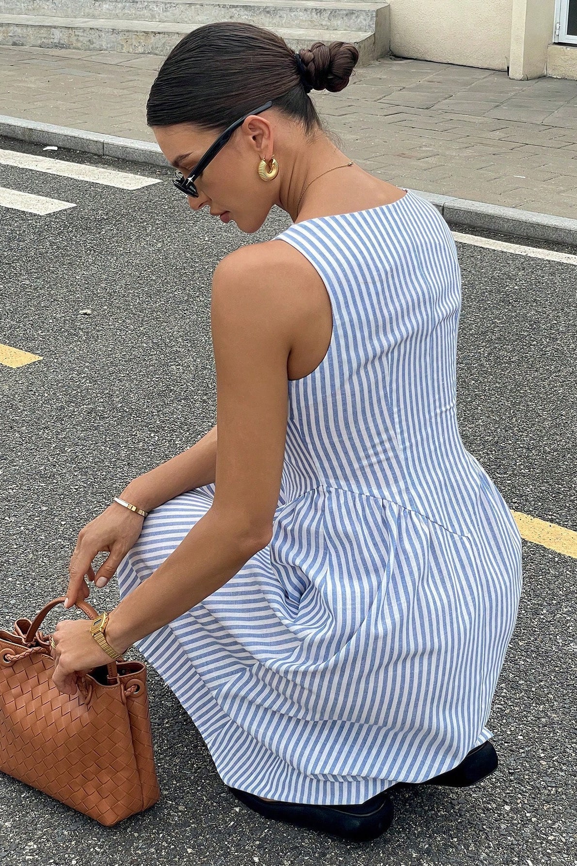 Elegant Striped Square Neck Vacation Dress