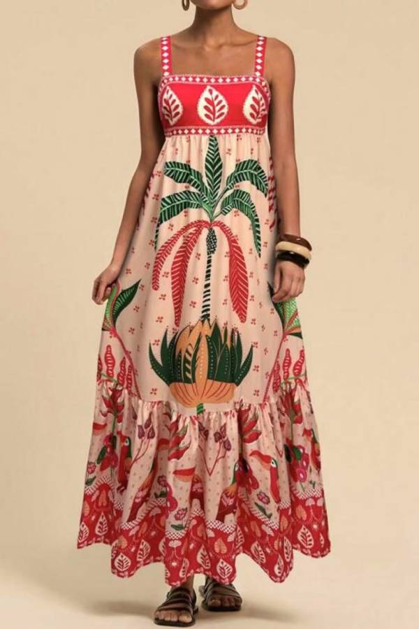 Tropical Print Square-Neck Cami Maxi Dress