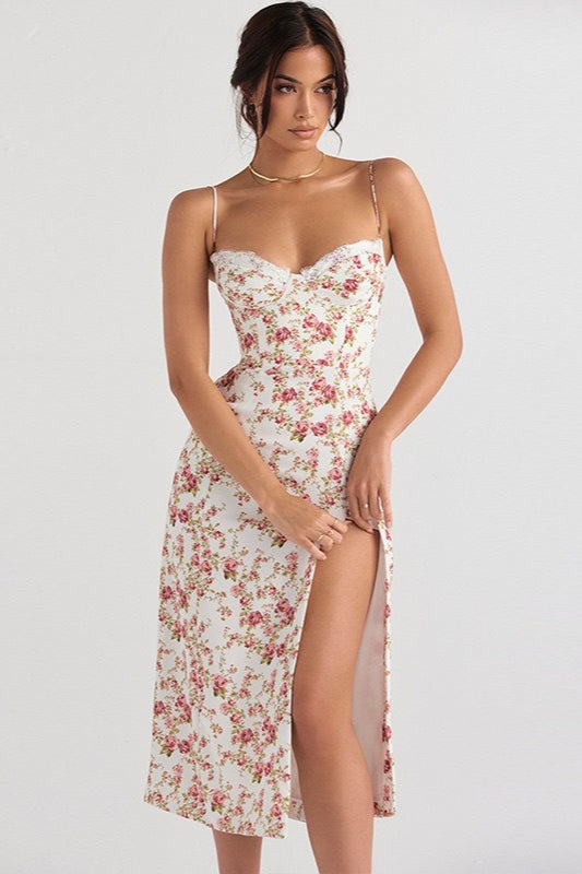 Lace Strap Slit Slim Maxi Floral Dress