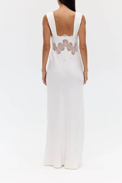 Effortless Elegance Satin Sheer Lace Patchwork V-neck Drape Maxi Dress