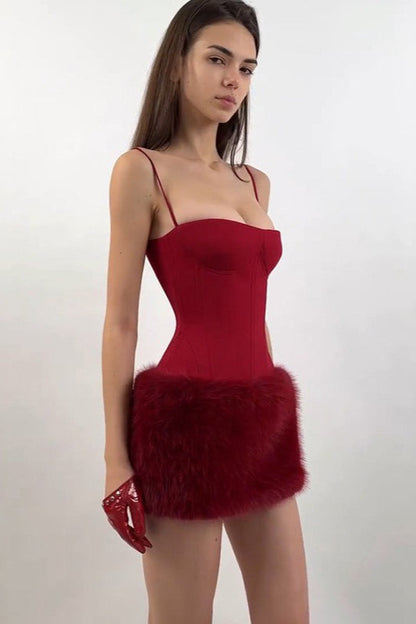 Spaghetti Strap Corset Bustier Faux Fur Trim Bodycon Mini Dress
