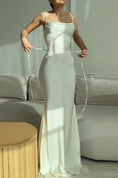 Solid Tie Waist Spaghetti Strap Slim Fit Prom Dress