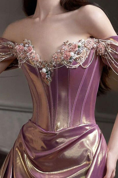 Off Shoulder Ruched Satin Elegant Prom Dress