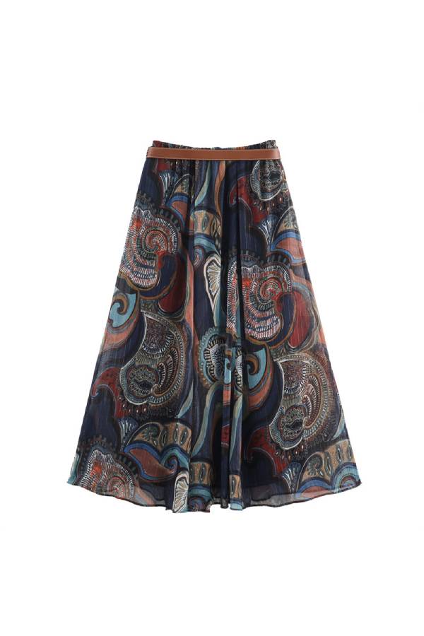 Retro Paisley Print Belted A-Line Skirt