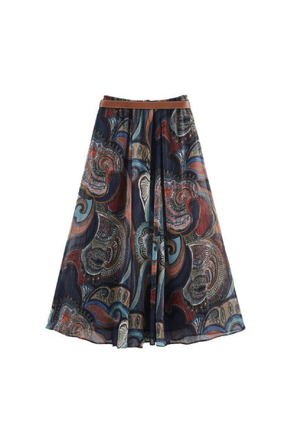 Retro Paisley Print Belted A-Line Skirt