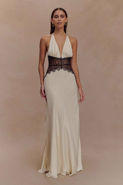 Deep V Halter Satin Slip Prom Dress