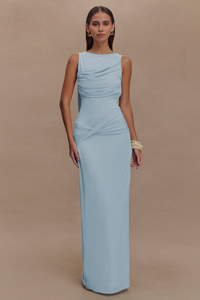 Cowl Neck Draped Knot Waist High Split Sleeveless Formal Maxi Gown