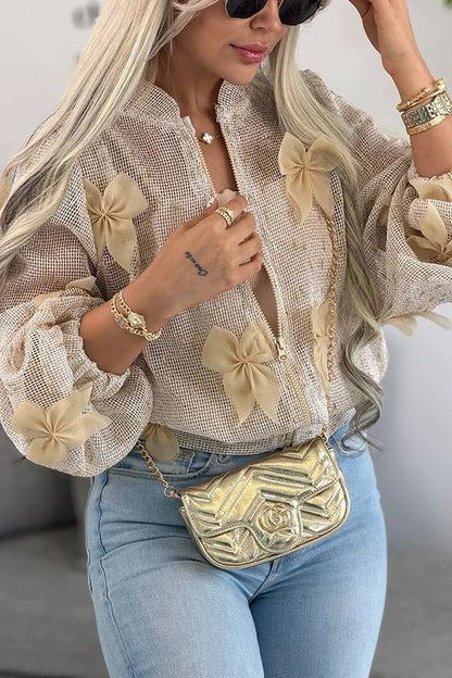 Lynn Cut-out Fabric Tulle Bow Detail Zipper Stand Neck Long Sleeve Jacket