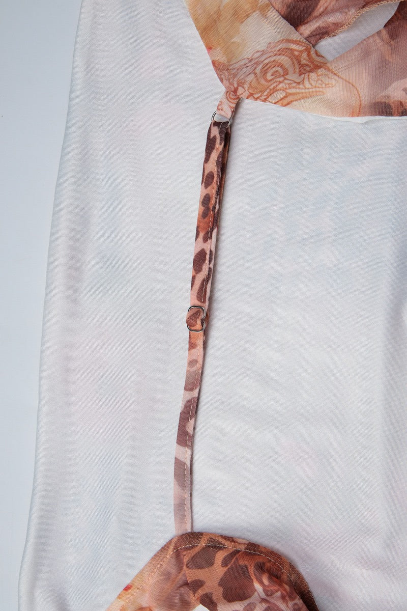Cowl Neck Backless Leopard Mesh Mini Dress